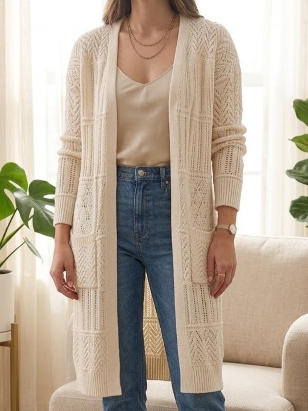 Pink Rose Duster Cardigan Ivory Longline Textured Cable Knit Open Front Large